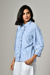 Classic blue stripe shirt for women – full sleeve cotton shirt with ruffle detailing, summer wear available online.