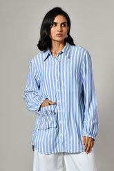 Striped blue linen shirt for women – designer casual shirt with pleated pocket and long sleeves, perfect festive wear near me
