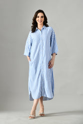Blue and White striped linen dress for women – stylish summer holiday dress and elegant formal wear option. Maxi Dresses For Women, Dresses For Women, best dresses for women,myntra dresses for women