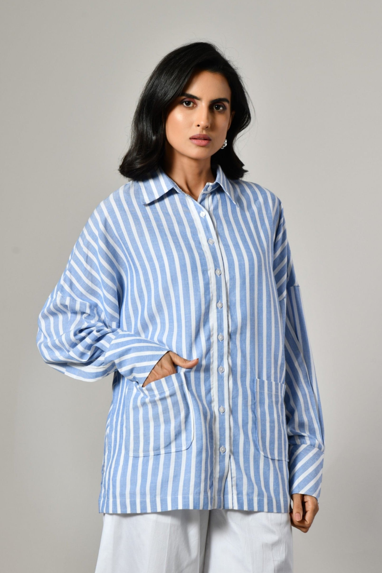 Blue and white long sleeve casual shirt for women – relaxed fit linen stripe shirt with two front pockets.