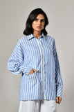 Blue and white long sleeve casual shirt for women – relaxed fit linen stripe shirt with two front pockets.