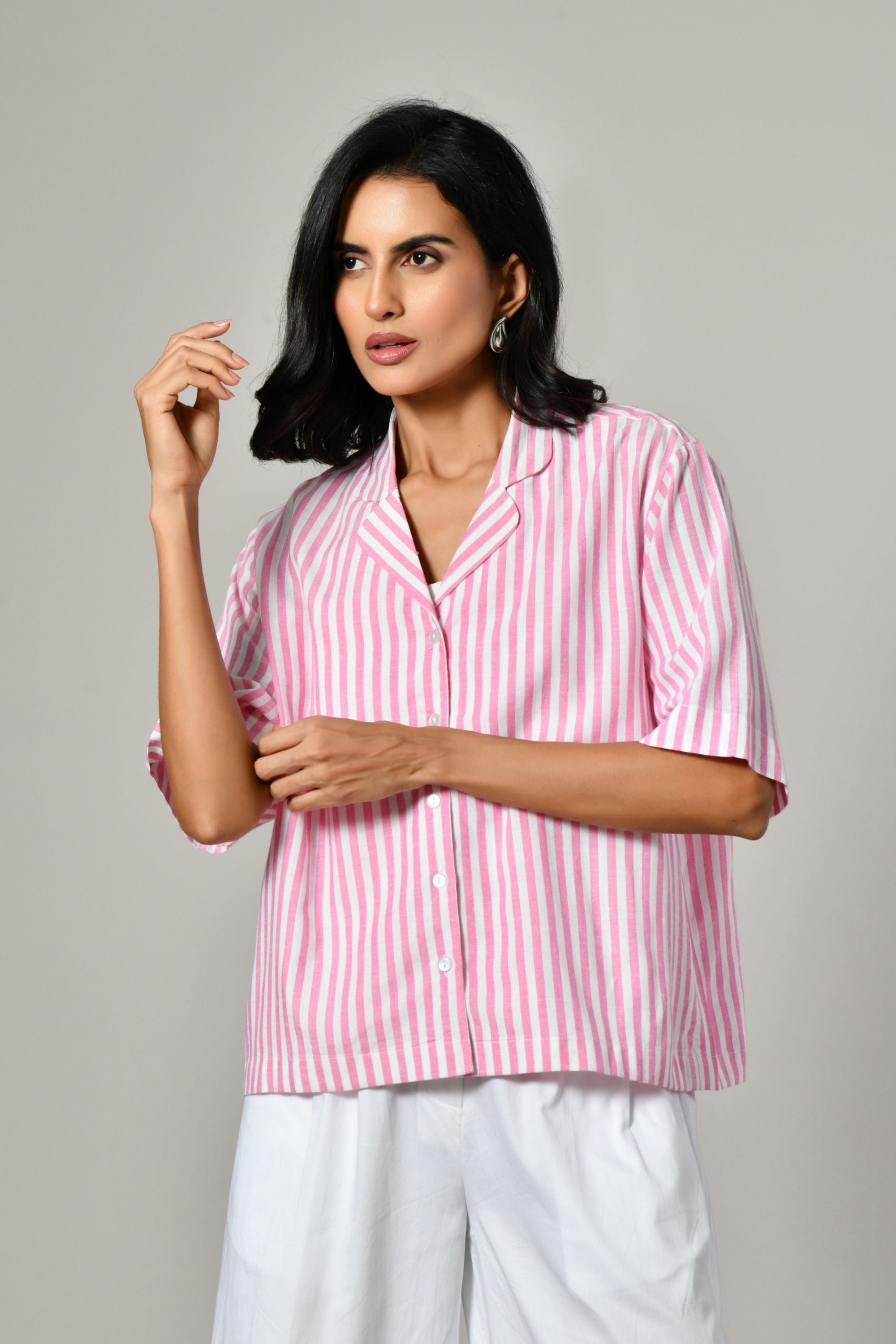 Pink linen shirt for women with classic open collar – half sleeve cotton tunic top for summer. Pink linen shirt for Women
