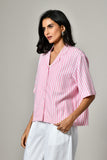 Classic collar pink linen shirt – cotton stripe tunic for women, perfect summer shirt near me. Classic Collar tunic for women