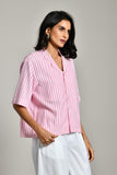 Half sleeve pink stripe shirt for women – relaxed fit summer linen tunic with classic shirt styling. Button front tunic top
