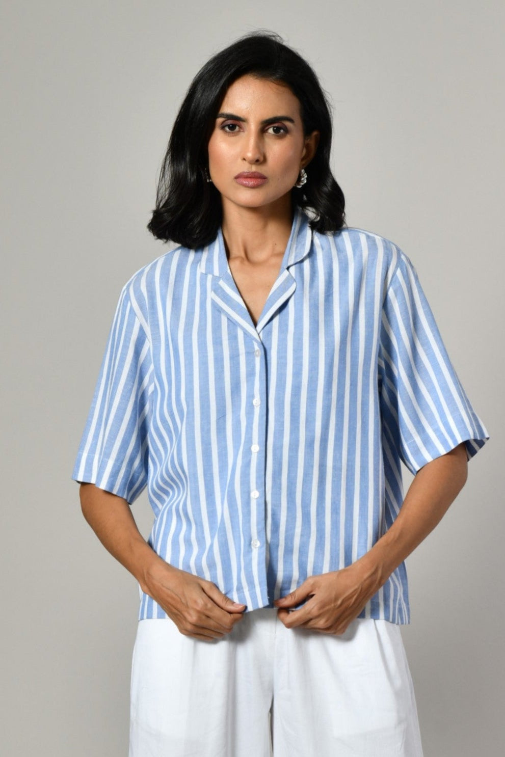 Blue stripe shirt for women – casual cotton shirt with classic collar, available online. Shirt for Women, Blue linen shirt