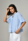 Relaxed fit blue linen shirt for ladies – half sleeve summer shirt, ideal for casual styling. Casual cotton Shirt