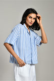 Casual blue and white striped shirt – button front cotton tunic top for ladies, relaxed fit design. Blue & white stripe tunic