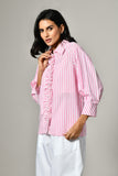 Button front pink stripe shirt for girls – collared cotton shirt for women with a soft summer-friendly fabric.