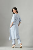 Stylish band collar kurta with matching pants – minimalist gray cotton co-ord set for ladies, perfect for office wear.