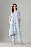 Gray striped cotton coord set for women – two-piece linen kurta and pant combo for summer ethnic wear. two piece maching set