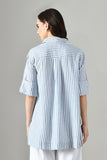 Loose fit gray linen shirt for women – casual cotton summer tunic with classic collar and long sleeves.
