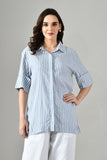 Gray and white striped linen shirt dress for women – long sleeve button-front tunic with classic collar and relaxed fit.