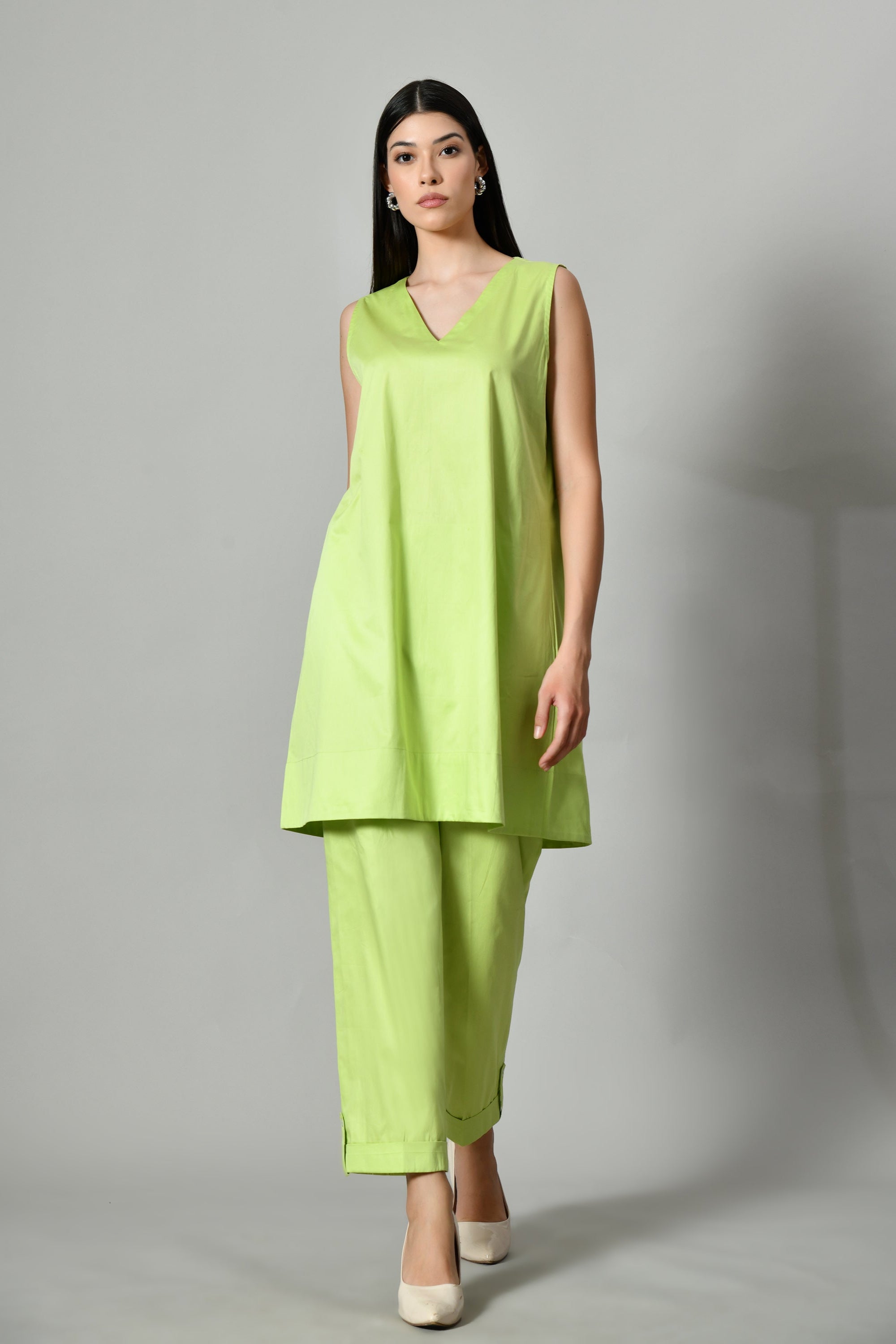 Light green sleeveless tunic set – comfortable cotton coord outfit for women, ideal for summer ethnic wear. Cotton Set