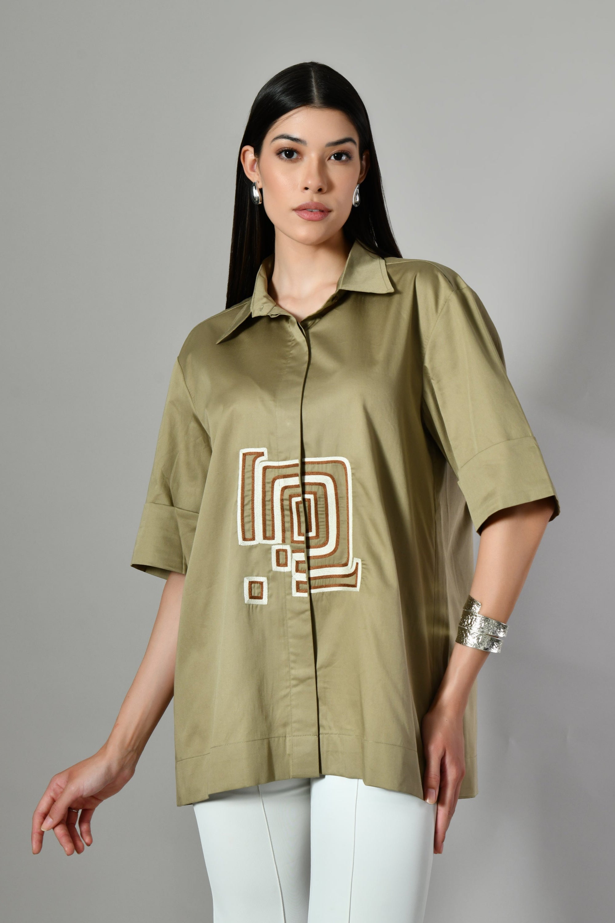 Geometric embroidered cotton shirt for women – Indo-Western fusion top with modern art design, ideal for casual formal wear.