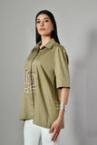 Fashion-forward Indo-Western shirt with artistic embroidery – cotton fusion wear top perfect for modern Indian wardrobes.
