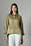 Embellished cotton shirt for women – stylish long sleeve casual top with bead work, ideal for festive or partywear looks.