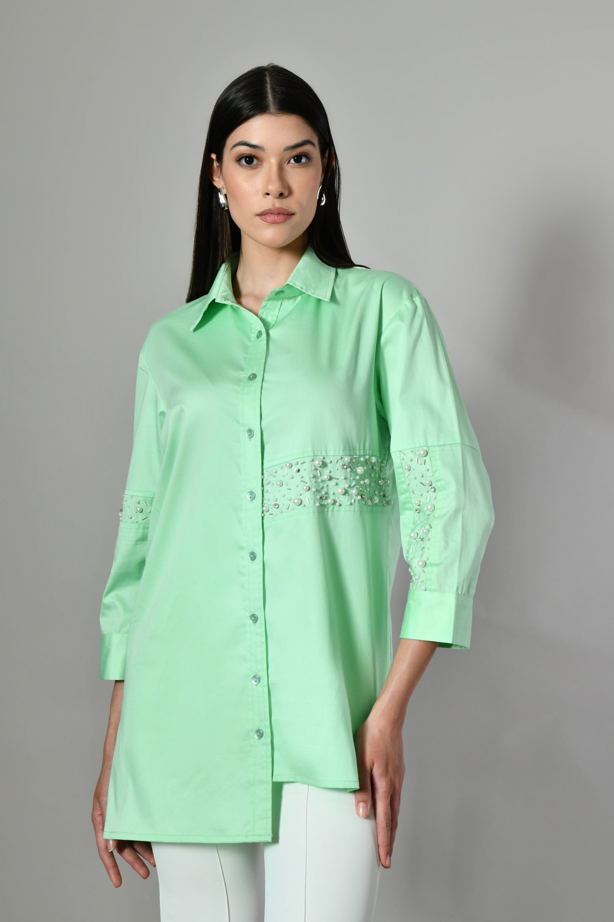 Mint green embellished cotton shirt for women– elegant longline tunic with pearl detailing, perfect for office, casual wear.