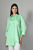 Mint green embellished cotton shirt for women– elegant longline tunic with pearl detailing, perfect for office, casual wear.