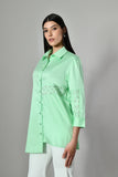 Elegant mint green shirt with pearl embellishments – a stylish casual cotton tunic for women with Indo-western flair.