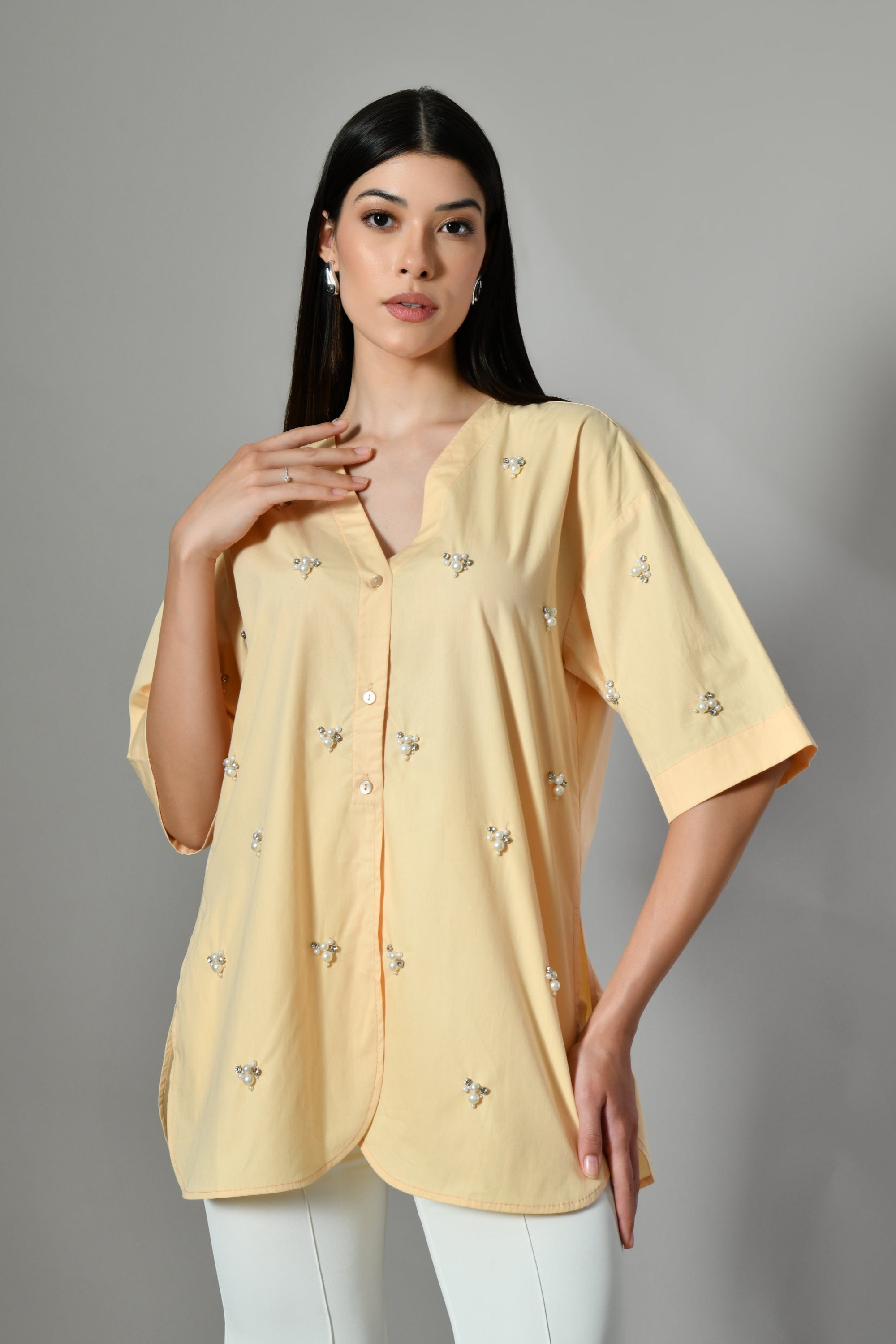 Indo-Western embellished cotton shirt – pastel yellow relaxed fit for modern women. Trending shirts for women, Isara Shirt.