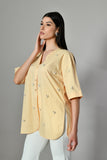 Summer casual pearl embellished shirt for women – pastel yellow cotton designer tunic. Embroidered pastel shirt, Office wear.