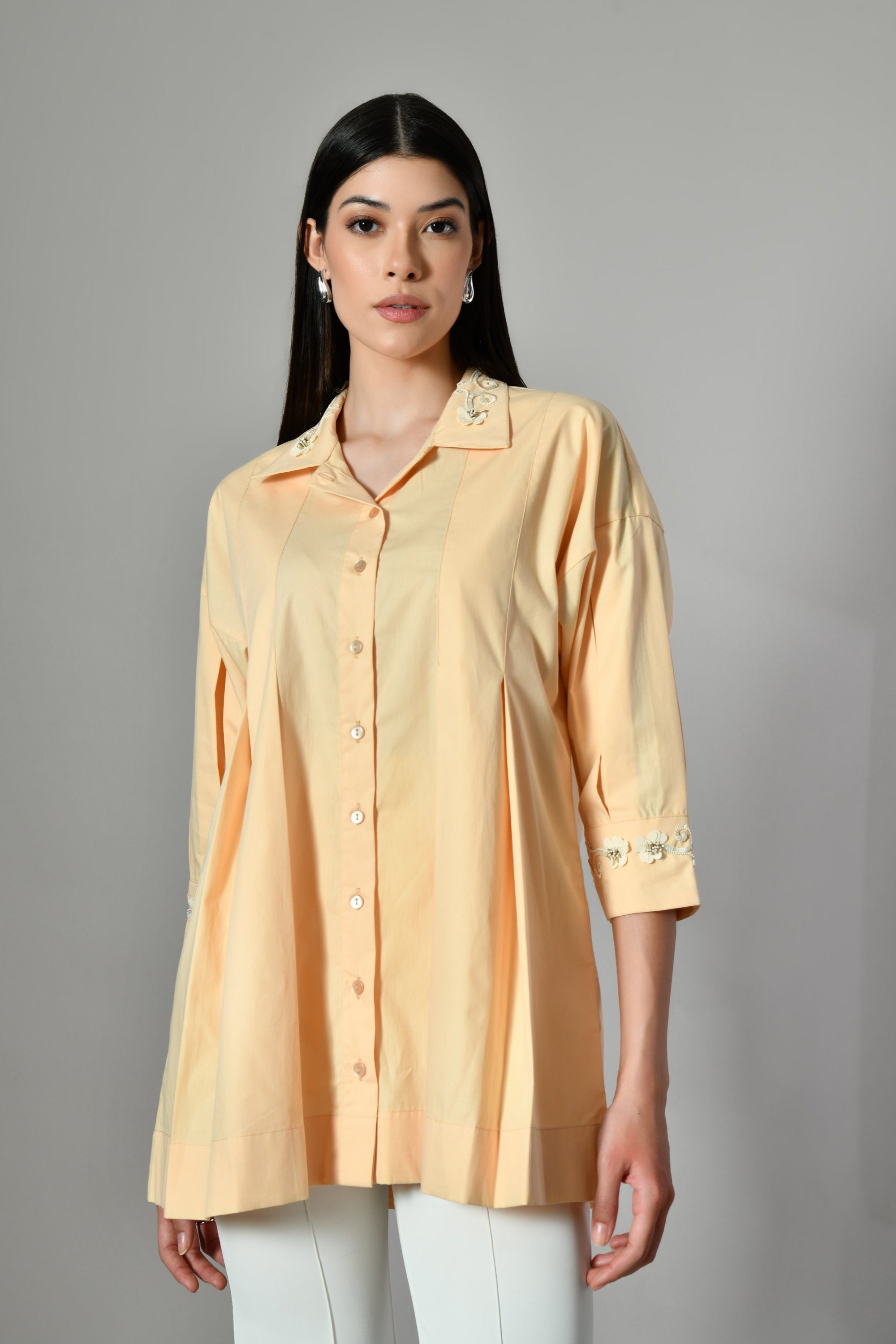yellow shirt women, pearl embellished, summer shirt for ladies, button down Shirt, Casual Shirt for Women, Shirts Near Me