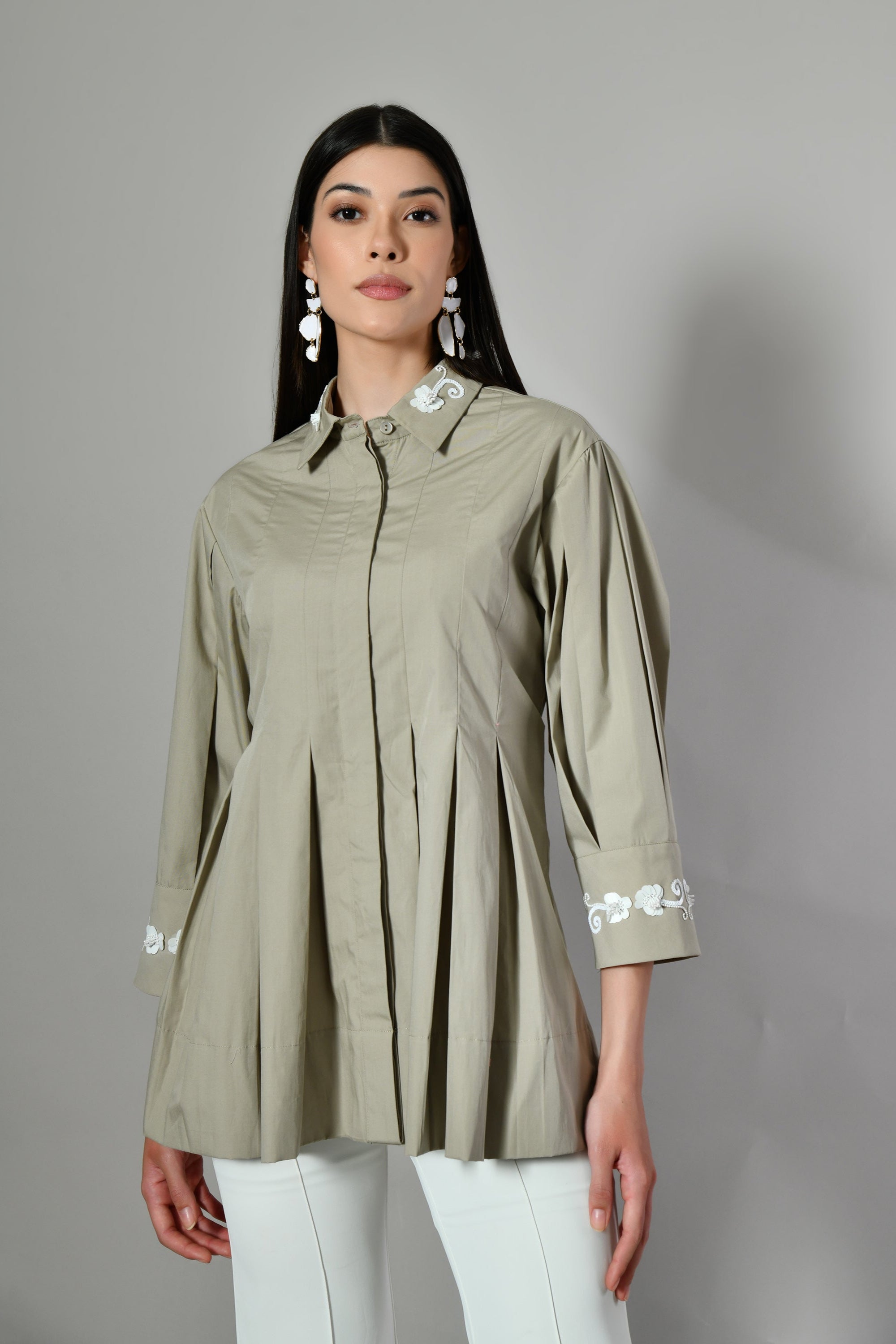 Pleated shirt, Ladies Embroidered collar shirt, Cotton A-line tunic top, Designer casual top with pleats, Tunic-style shirt