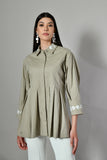 Pleated shirt, Ladies Embroidered collar shirt, Cotton A-line tunic top, Designer casual top with pleats, Tunic-style shirt