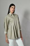 Designer casual top with pleats and 3/4 sleeves – flowy embroidered blouse perfect for office wear or formal occasions.