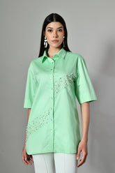 Mint green embellished cotton shirt for women – hand-embellished Indo-Western top with pearl detailing, semi-formal wear.