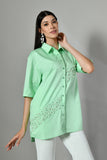 Stylish women’s cotton shirt in mint green–hand-embellished design for semi-formal or festive occasions, perfect fusion wear.