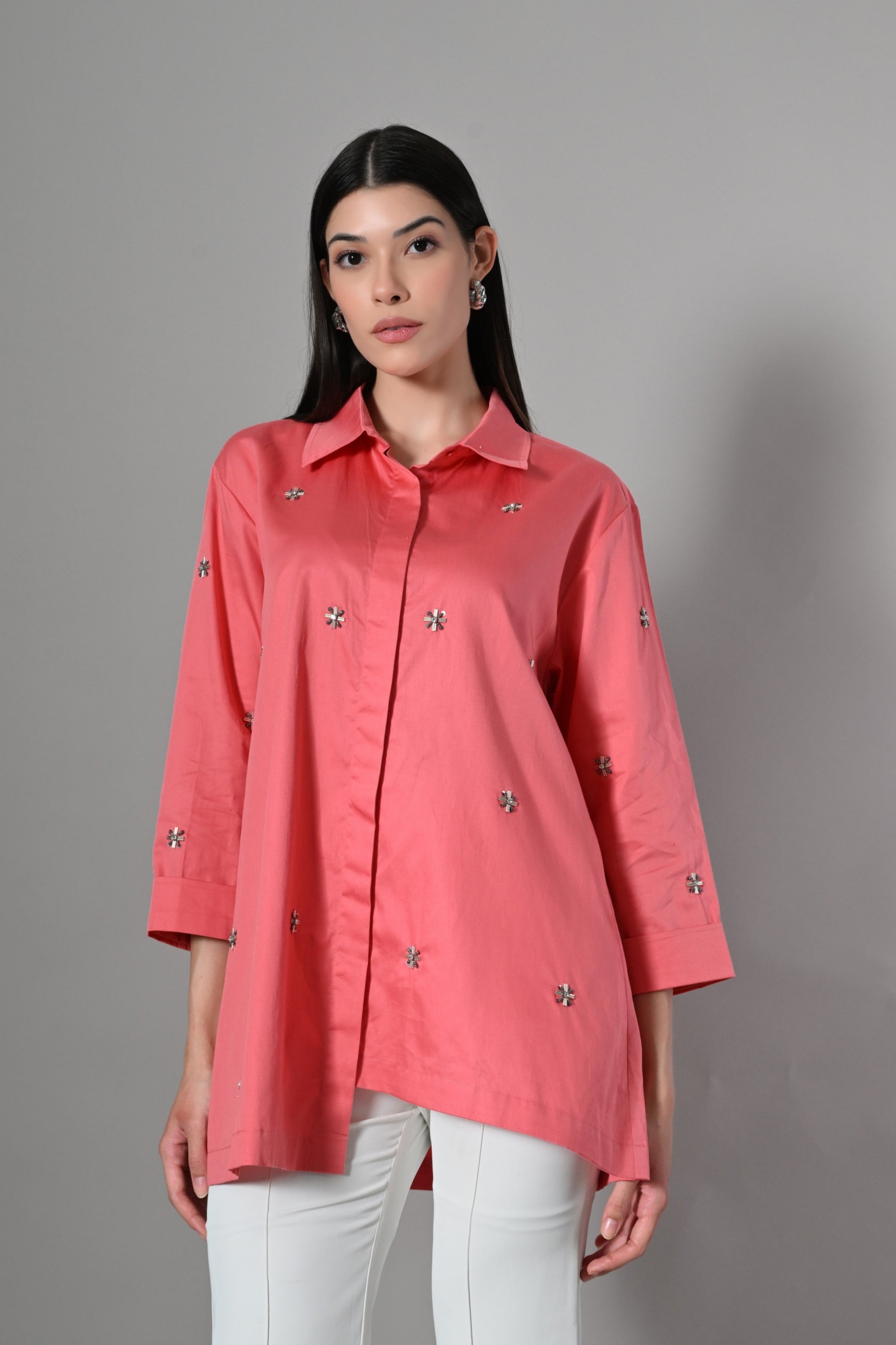 Fusion coral shirt for women in breathable cotton – oversized embellished design perfect for summer and festive occasions.