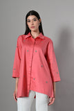 Fusion coral shirt for women in breathable cotton – oversized embellished design perfect for summer and festive occasions.