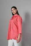 Oversized embellished shirt for women – vibrant coral festive top blending traditional embroidery with casual cotton comfort.