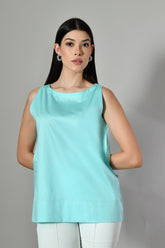 Sleeveless round neck cotton top for women – casual summer wear perfect with jeans, available in plus sizes and online. Summer Top, blue cotton top, Cotton top for Summer, women top, women summer top