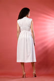 Close-up of breathable white linen fabric in a sleeveless dress for women.