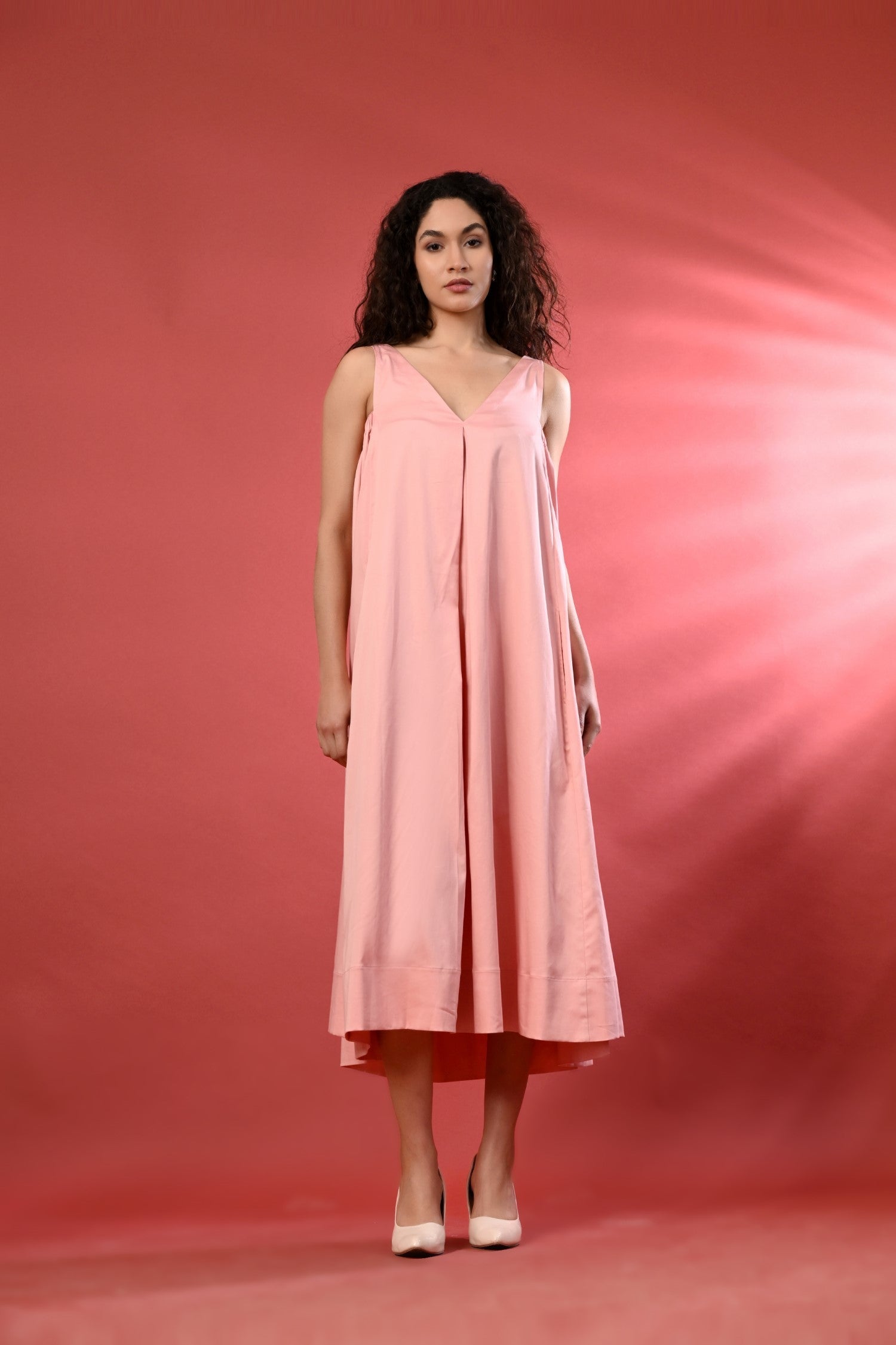 Pink V-Neck Midi Dress – Casual Summer Wear for Women