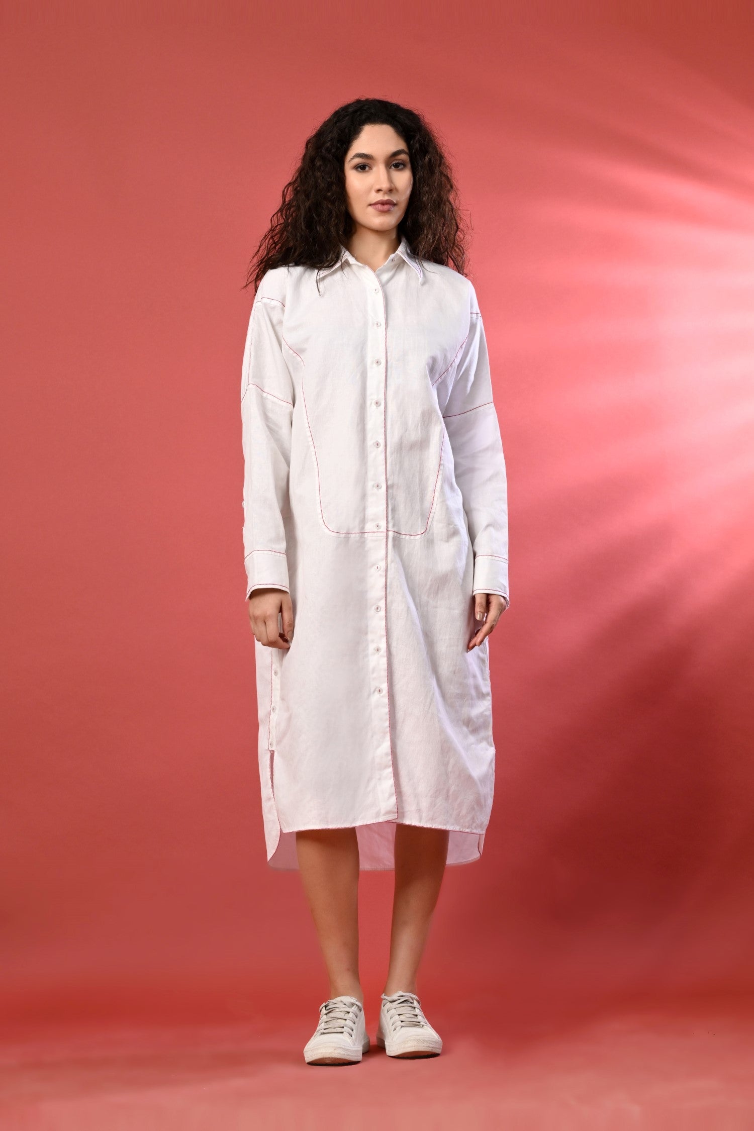 White full-sleeve long shirt dress for women, perfect for summer.
