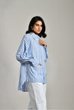 Blue linen shirt with long sleeves and embellishments – casual yet chic shirt for festive and office wear.