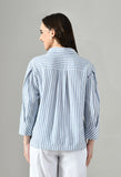 Grey and white stripe shirt for women–collared cotton tunic with ruffle detailing, perfect for day-to-night, office-to-party