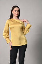 top for women, satin top, satin long sleeve top, womens tops, summer tops, off the shoulder tops, summer tops Near Me, Isara, Mustard top, top for women, designer top in gurgaon, isara top