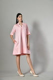 Casual pink cotton day dress – flattering knee-length style perfect as a linen dress for vacations or everyday wear.
