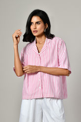 Pink linen shirt for women with classic open collar – half sleeve cotton tunic top for summer. Pink linen shirt for Women
