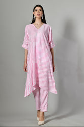 Pink striped cotton coord set – lightweight two-piece kurta pant combo for women, perfect for summer ethnic wear.