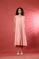 Pink V-Neck Midi Dress – Casual Summer Wear for Women