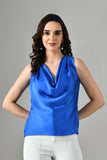 Royal Blue Asymmetrical Satin Top – Sleeveless High Neck Designer Top. tops for women party, tops for women Blue, Summer Top for Women. isara top, designer blue Top, Cowl Drape top,cowl drape top 