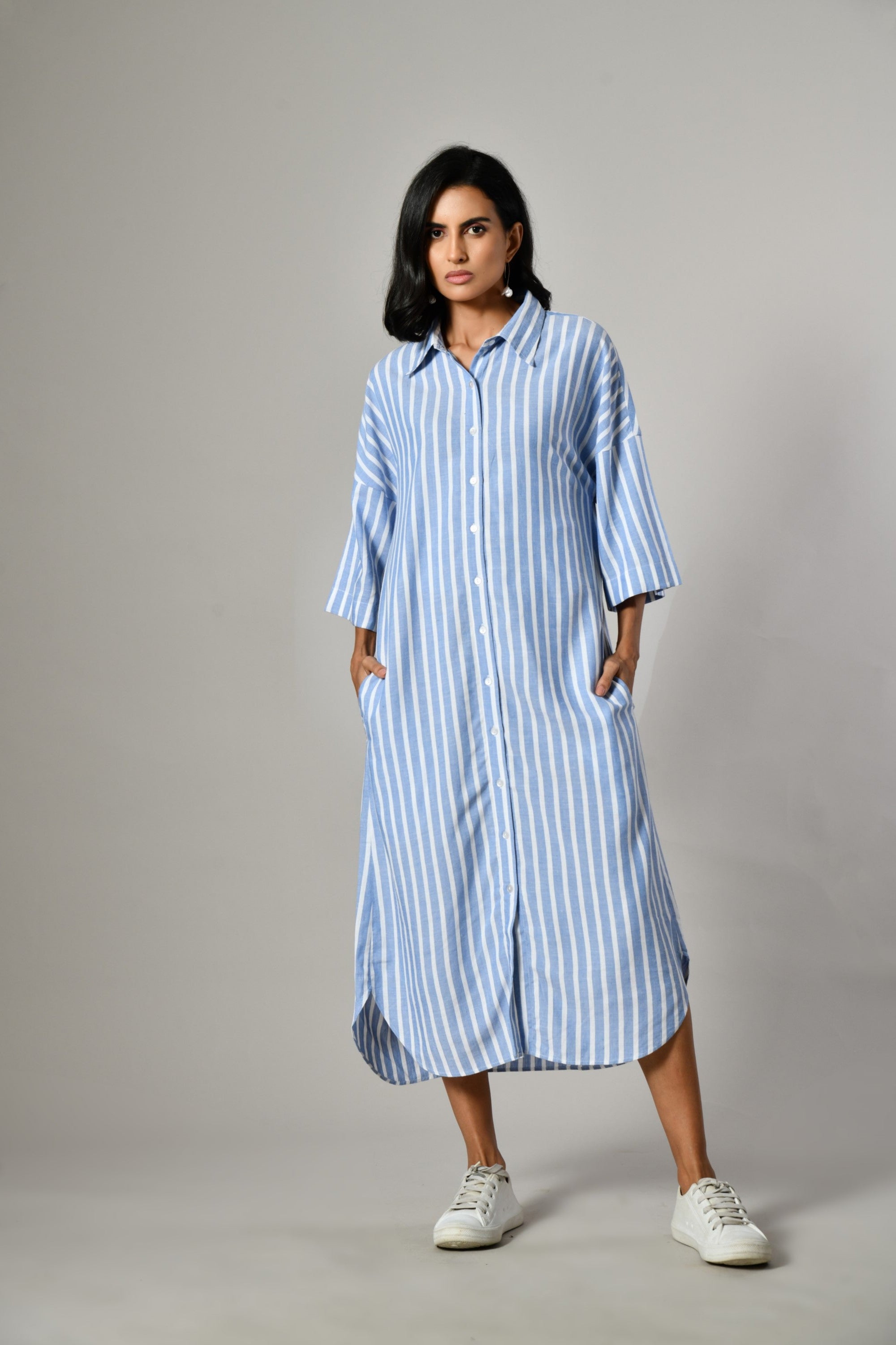 Blue stripe linen summer dress for women – lightweight cotton sundress for beach holidays and casual outings. 