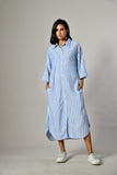 Blue stripe linen summer dress for women – lightweight cotton sundress for beach holidays and casual outings. 