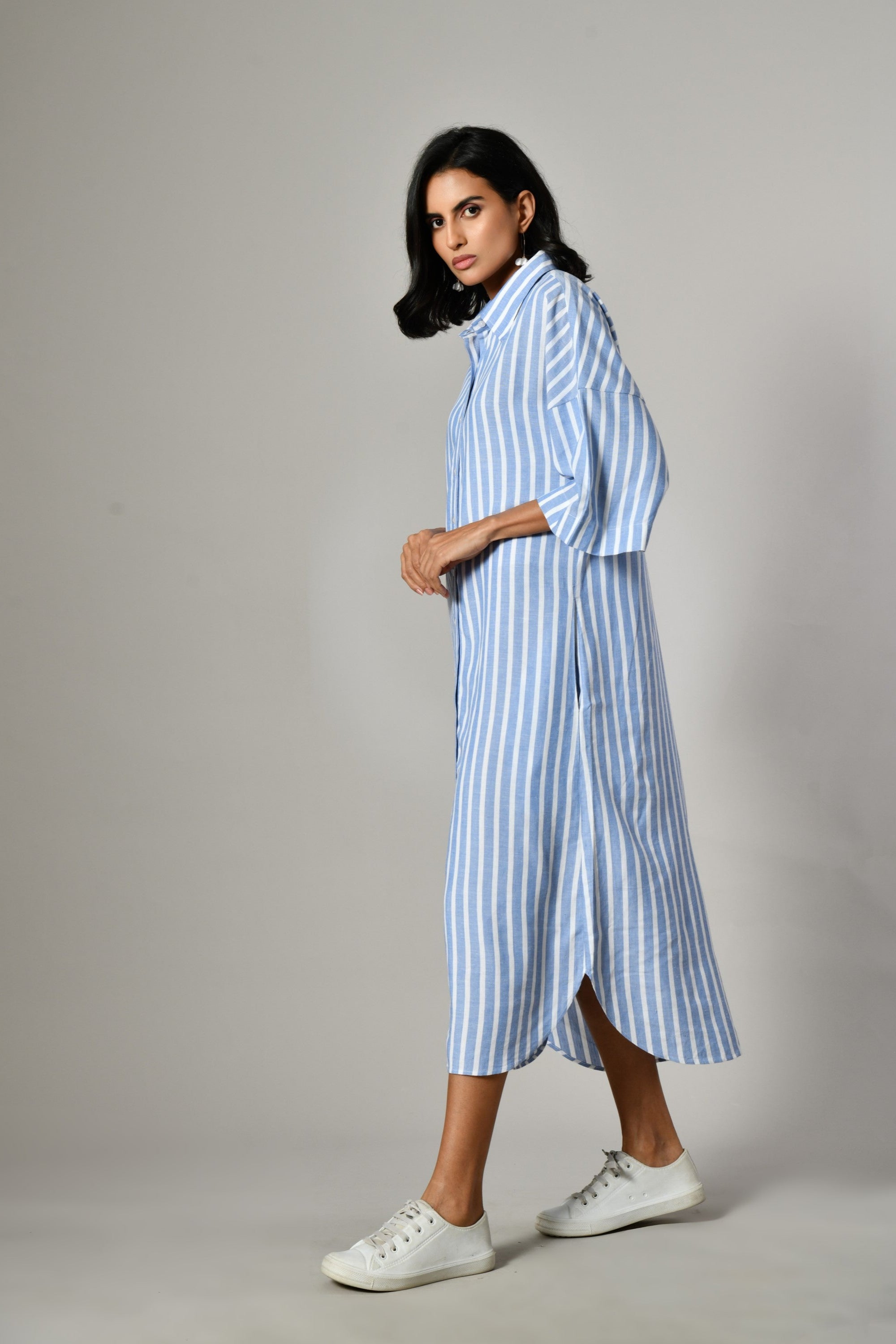 Casual gray cotton day dress for women – long length linen dress for summer, available online near me. 