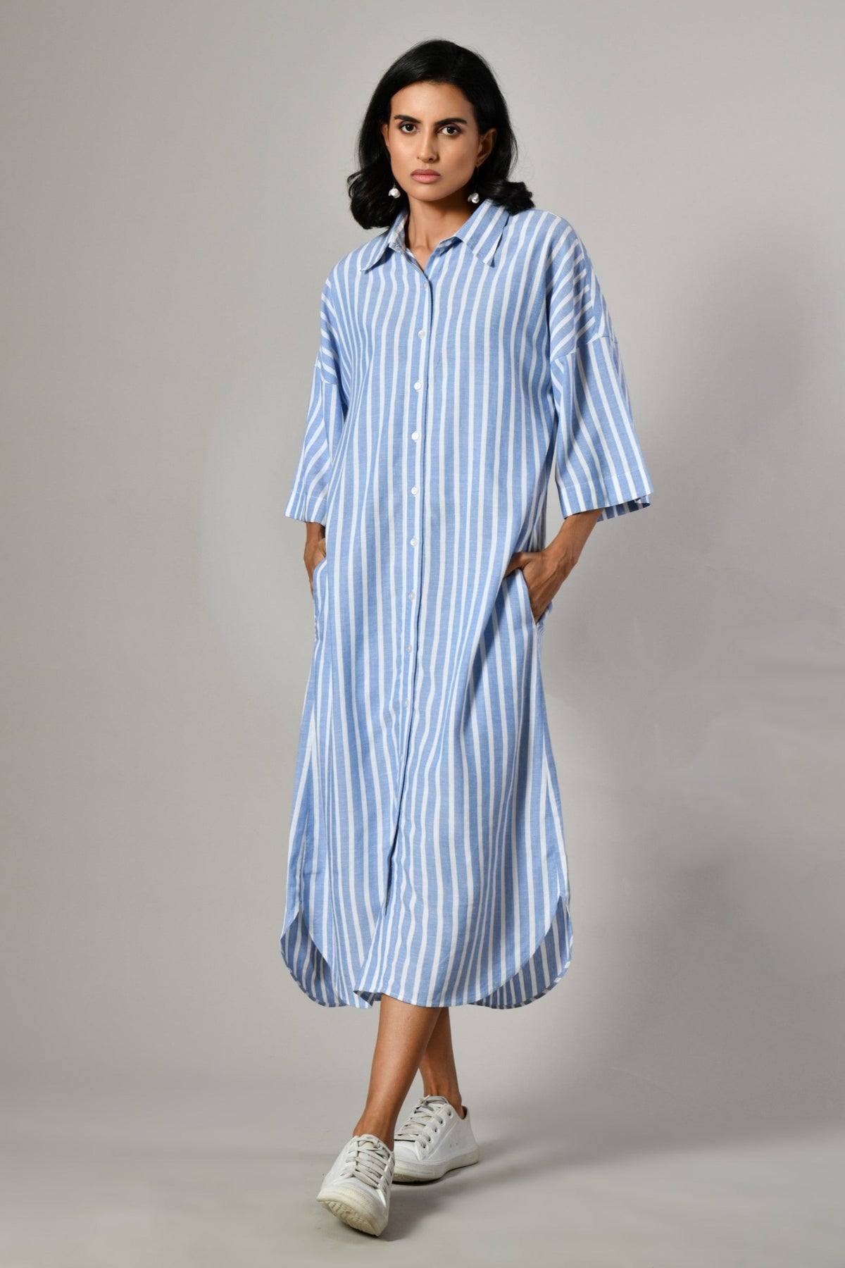 Blue and White striped linen dress for women – stylish summer holiday dress and elegant formal wear option. 